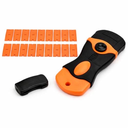 Image of 1 Pcs Plastic Razor Blade Scraper Kit with 20 Replacement Blades, Mini Plastic Scraper Tool for Removing Adhesive Sticker Label Decal Residue from Glass Window Car Floor Surface (Orange)