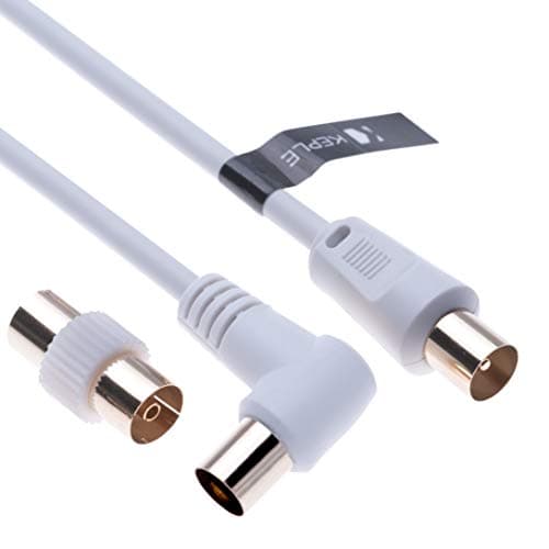 Image of Keple TV Aerial Cable 5m, Coaxial Extension Lead with Male Connector and Female Adapter for TV Box, Coax Ariel Antenna, Satellite, Freeview, Freesat, DVB-T, IEC, PAL, RF In (White Angled)