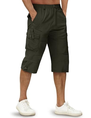 Image of TACVASEN Three Quarter Shorts for Men with Pockets Summer Cropped Pants Cargo Workwear Long Shorts with Elasticated Waist Army Green