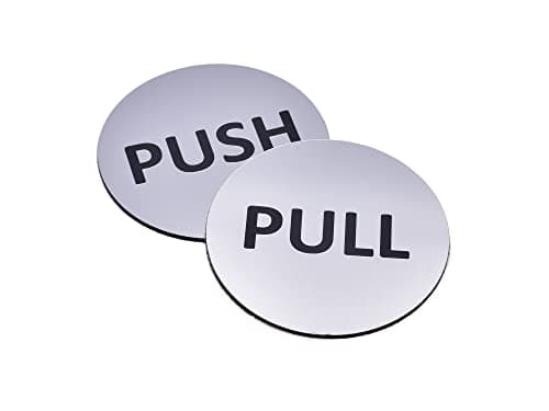 Image of Generic Pair of Circular Metallic Push & Pull Adhesive Door Signs - Aluminium Door Sign for Business, Restaurants, Bars, Hotels, Schools, Cafe - Strong Adhesive Backing for a Strong Stick