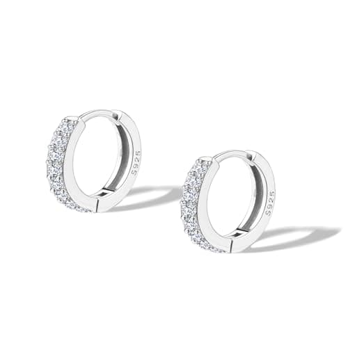 Image of Suejin 925 Sterling Silver Hoop Earrings for Women Men, 18K Gold Plated Cubic Zirconia Small Huggie Hinged Hoop Earring, 1.6mm Sleeper Helix Tragus Cartilage Earring with Gift Box 6mm Silver