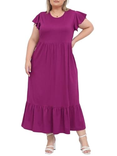 Image of Moon Wood Summer Dresses for Women Crew Neck Ruffle Sleeve Curvy Long Dress with Pockets Plum XL
