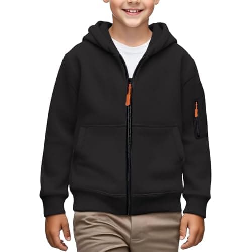 Image of TYUSGH Boys Full Zip Hoodie Kids Solid Color Hooded Sweatshirt Teen Athletic Track Jacket School Sport Coat with Pockets Activewear Spring Clothes (Black, 14-15 Years)