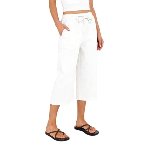 Image of Capri Pants for Women UK Cotton Linen Summer Cropped Trousers Trendy 2026 Elastic Waist Palazzo Wide Leg Pants with Pockets Lounge Yoga Beach 3/4 Length Linen Trousers Ladies Culottes Plus Size White