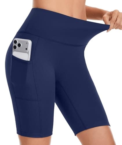 Image of YADIFEN High Waisted Yoga Shorts for Women with Pockets, Tummy Control Womens Cycling Shorts, Soft Stretch Walking Short Women for Activewear Fitness Running Workout Exercise Biker Navy M