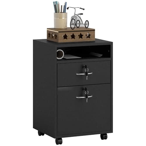 Image of HOMCOM Filing Cabinet, Mobile File Cabinet with 2 Lockable Drawers, Office Home Organiser on Wheels for A4, Letter-Size File Folders, Mobile Printer with Open Shelf, Black