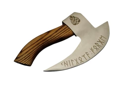 Image of Chilgoza Chigoza Handmade Carbon Steel Pizza Cutter | Viking-Inspired Pizza Slicer with Ash Wood Handle & Leather Wrapping | Norse Rune Design | Durable Blade & Leather Sheath (Silver)
