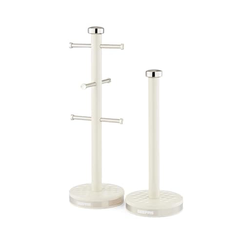 Image of GEEPAS Mug Tree and Towel Pole Set | Rust Corrosion Free Carbon Steel Material Non-Slip Base Free Standing Design Kitchen Counter Storage Space Saver | Holds Upto 6 Mugs | Argyle Collection Cream
