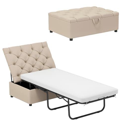 Image of COSTWAY Folding Sofa Bed with Mattress, 2-in-1 Convertible Sofa Ottoman Single Guest Bed, Space-Saving Couch Sleeper Lounger Footstool for Home Office (Beige)