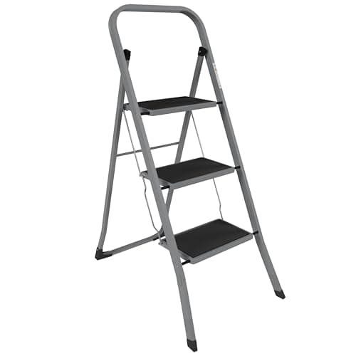 Image of Home Vida 3 Step Ladder - Heavy Duty Steel Folding Ladder with Slip-Resistant and Wide Steps, Folding Mechanism, 150kg Max Load, Home/Kitchen/DIY/Garden Use, Grey