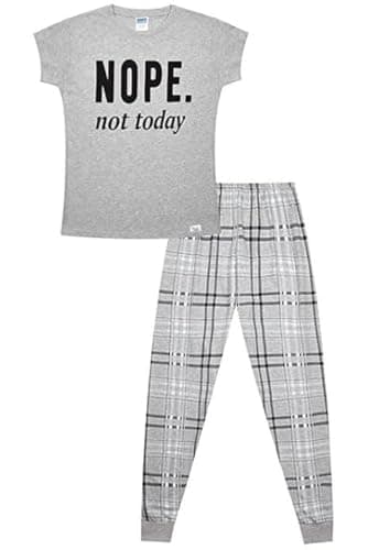Image of ThePyjamaFactory Girls Cheeky Nope Not Today Checked Leg Long Cotton Pyjamas (7-8 Years) White
