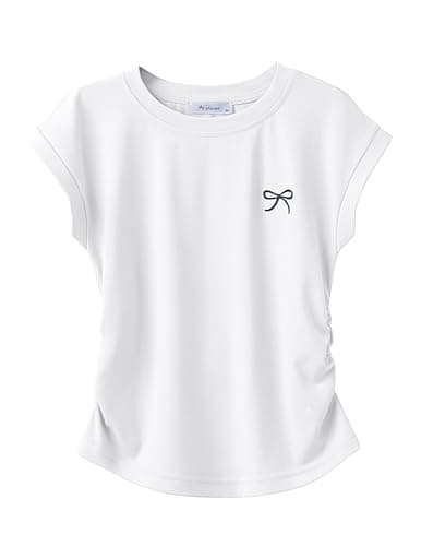 Image of Arshiner Girls' T-Shirts Ruched Waist Short Sleeves Summer Children's Fashion Round Neck Top Shirts Butterfly Print Basic T-Shirt for Kids White 160 11-12 Years
