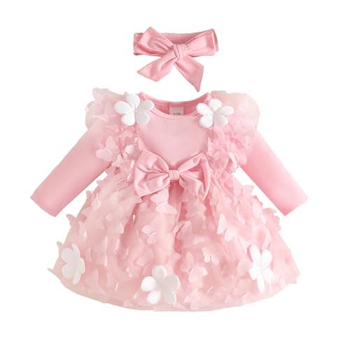 Image of QUNERY Baby Girl Clothes Flower Dress Long Sleeve Butterfly Princess Wedding Birthday Party Bowknot Dresses for Infant Girl Pink 3-6 Months