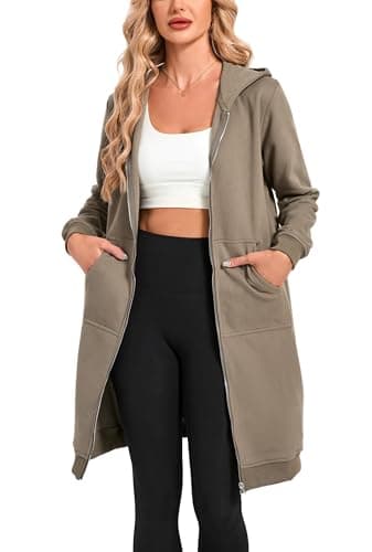 Image of Oyamiki Winter Long Hoodie Women Comfort Fleece Jackets Ribbed Hem Warm Cosy Style Coat with Full Zip Hoodies Light Brown M