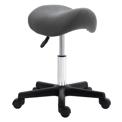 Image of LQVAIPT Saddle Stool, PU Leather Adjustable Rolling Salon Chair with Steel Frame for Massage, Spa, Beauty and Tattoo,(Grey)