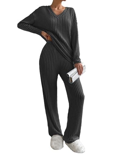 Image of Famulily Ribbed 2 Piece Lounge Sets Women Oversized Long Sleeve Tops and Trousers, Ladies Travel Outfits Wide Leg Loungewear Set Winter Nightwear Leisure Suits (M, Dark Grey)