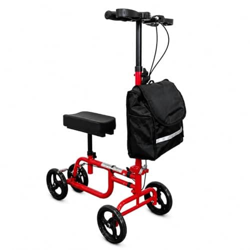 Image of Mobility Knee Walker Scooter with Padded Rest & Storage Bag for Broken Leg, Foot, Ankle & Sports Injuries - 4 Wheeled Orthopaedic Knee Pad for Adult and Elderly - 136kg Weight Capacity (Red)