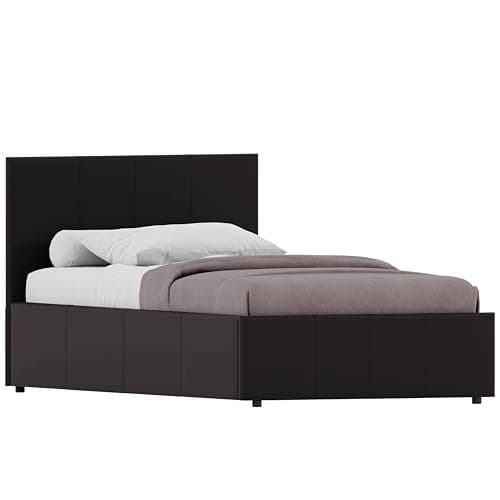 Image of Vida Designs Lisbon Single Bed, 3Ft Ottoman Bed Frame Upholstered Faux Leather Headboard Low Foot End Bedroom Furniture, Brown (UKFR Certified)