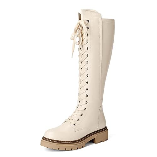 Image of DREAM PAIRS Women's Thigh high Boots, Ladies Over the Knee Boots, Lace up and Zip Combat Knitted Shaft, Durable TPR,Size 5,Beige,SDKB2203W-E