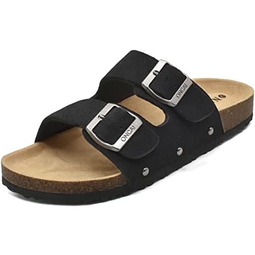 Image of ONCAI Women’s Flat Slide Sandals Vegan Leather Adjustable Double Buckle Strap Cushion Cork Footbed Open Toe Mules with Non-slip Rubber Sole Black 4 UK