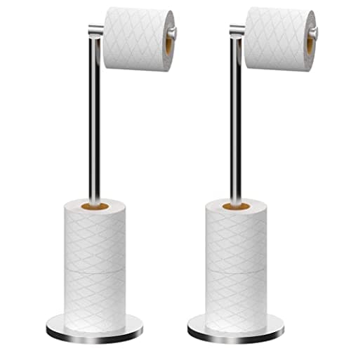 Image of Toilet Roll Holder Free Standing Toilet Paper Holder Stand with Reserve, Stainless Steel Anti Rust Freestanding Toilet Tissue Roll Dispenser Holds 3-4 Paper Rolls, Bathroom Storage (2 Pack Silver A)