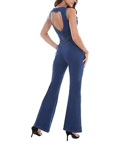 Image of Sematomala Women's Sleeveless Y2K Jean Jumpsuit Flared Leg Pants Romper Halter Tank Top Denim Catsuit Maxi Overall, Blue-open Back, Medium