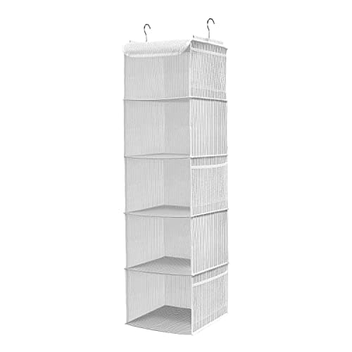 Image of BrilliantJo Hanging Wardrobe Organiser 5 Shelves Closet Storage Hanging Shelves with 6 Side Pockets Clothes - Grey Strip(30 x 30 x 108cm)