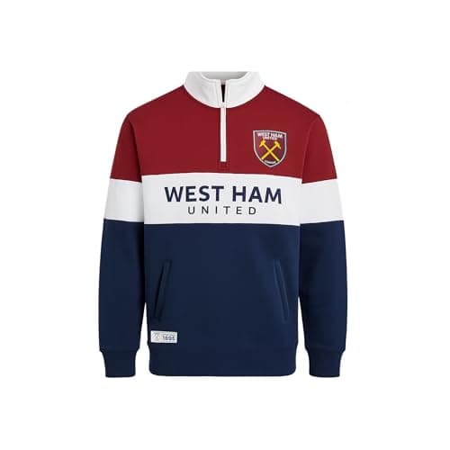 Image of West Ham United F.C. Football Fans 1/4 Zip Sweatshirt, Adults West Ham Crest Casual Top, Mens Hammers Sweatshirt With Zip, WHU Supporters Match Day Top (UK, Alpha, S, Regular, Regular, Multicolor)