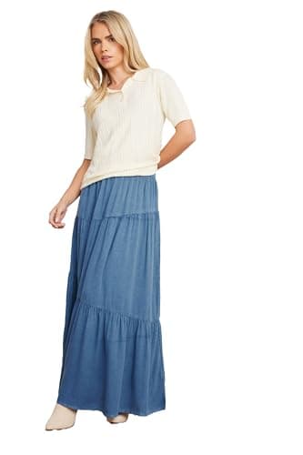 Image of PixieGirl Petite Blue Asymmetric Tiered Maxi Skirt Petite