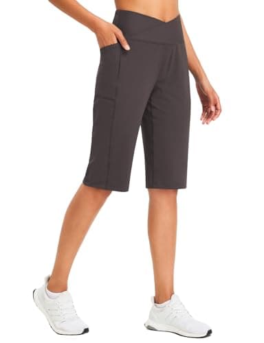 Image of baleaf Womens Shorts Ladies Bermuda Running Long Short 14" Knee Length High Waisted Gym Shorts with Pockets Yoga Brown M
