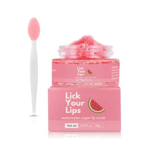 Image of Lick Your Lips Watermelon Sugar Lip Scrub - Lip Scrubs Exfoliator & Moisturizer, Lip Scrub Brush, Gentle Lip Exfoliator, Lip Lightening for Dark Lips, Lip Sugar Scrub for Dry, Cracked, Chapped Lips
