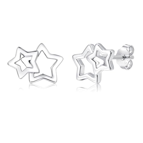 Image of Estrellique Silver Stud Earrings for Women Girls, 925 Sterling Silver Star Studs Earrings, Dainty Small Cartilage Sleeper Piercing Studs Trendy Flat Double Stars Silver Earrings for Sensitive Ears