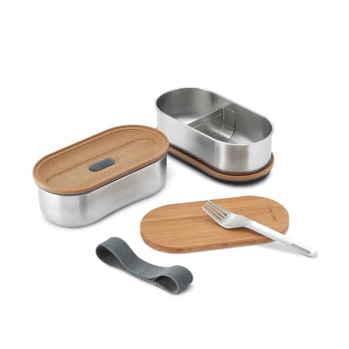 Image of BLACK+BLUM - Bento Box - Stainless Steel Stackable Lunch box with Leak Proof, Lightweight, Multi-Purpose Bamboo Lid, Fork Included - Dishwasher and Freezer Safe, Slate - 2 x 500ml