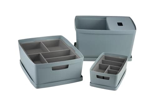 Image of INABOX Storage Box Set of 6 Cottage Blue With Lid And Tray, Storage boxes with lids, Plastic storage box with lid, BPA free, Bedroom, Laundry, Home & Office, (2 X 5L, 19L, 28L, 2 X Tray)