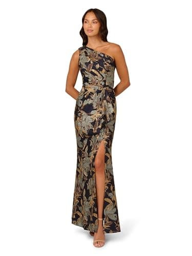 Image of Adrianna Papell Women's One Shoulder Jacquard Dress Special Occasion, Blue/Gold, 20