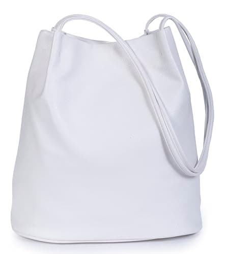 Image of Mabel London Women's Fashion Designer Medium Size Plain Soft Vegan Leather Hobo Bucket Tote Shoulder Bag - Delilah (White)