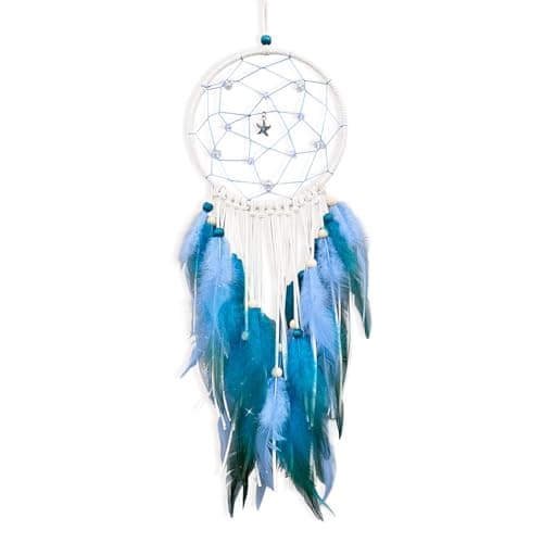 Image of Ocean Star Dream Catcher Lovely Handmade Blue Feather Dream Catcher Feather Bead Wall Hanging Sea Star Boho Woven Art Ornament Gift Craft Dreamcatcher for Home Children Bedroom Decor
