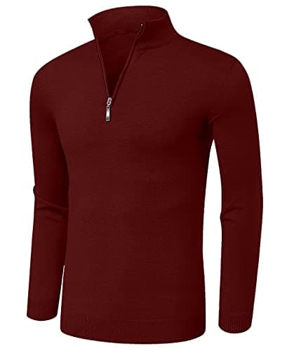 Image of AIYINO Mens Slim Fit Jumpers Quarter Zip Long Sleeve Pullover Half Zip Neck Sweaters Polo Top with Ribbing Edge (S, Wine Red)