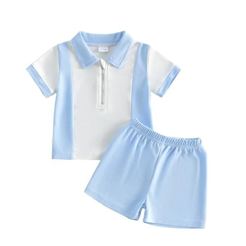 Image of JCOPLY Toddler Baby Boys Summer Outfits Casual Lapel Contrast Color Zipper Shorts Sleeve Shirt Tops and Elastic Waist Shorts Kids Boy Shorts Sets 2 Pcs (Blue, 12-18 Months)