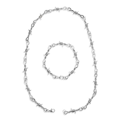 Image of Apojgitn Set of 2 Barbed Wire Necklace & Bracelet, Silver Metal Wire Bracelet Necklaces Y2K Gothic Choker for Men Women Daily Versatile Fashion Punk Accessories Jewelry