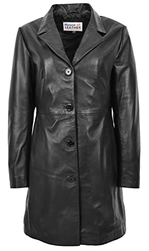 Image of Womens Real Leather Mac Coat 3/4 Length Classic Style F99 Black (10)