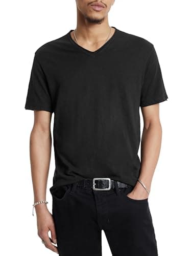 Image of John Varvatos Star USA Men's Short Sleeve SLUB V-Neck with Cut RAW Edge T-Shirt, Black, XXL
