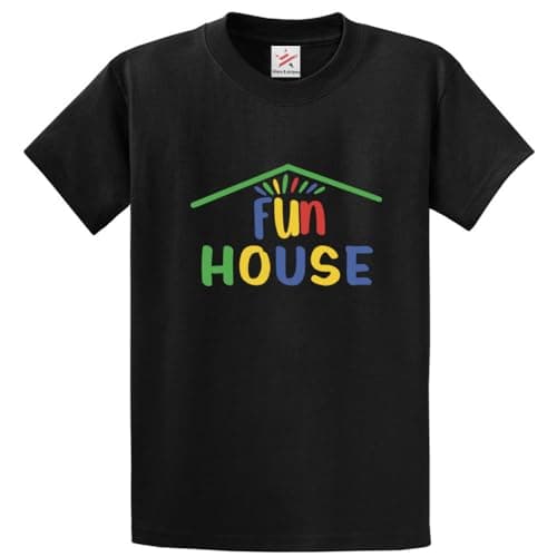 Image of Stars and Stripes Fun House Retro 80s 90s Game Show Funny Pat TV Sharp Crew Neck Unisex Adults T-Shirt(XL,Black)