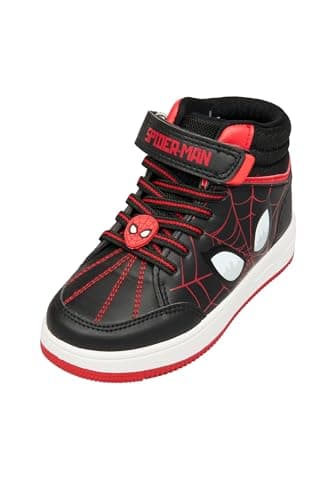 Image of Marvel Spiderman Boys Trainers – Black and Red High Top Sneakers with Hook and Loop Fastening – Comfortable Kids Sports Shoes for Everyday Wear (Black UK 8-EU26)