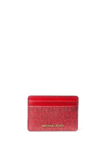 Image of Michael Kors Women's Jet Set Card Holder, Gold-Tone Hardware/Tonal Mk Signature Coated Twill/Crimson Multi, One Size, Jet Set Card Holder