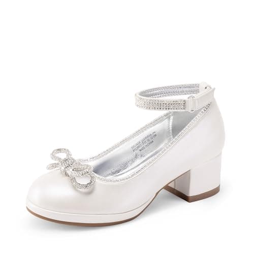 Image of DREAM PAIRS Girls Dress Shoes Platform Chunky Heel Ankle Strap Princess Flats Flower Party Wedding Pump for Little Big Kid,Size 5 Big Kid,Ivory,SDFL2422K