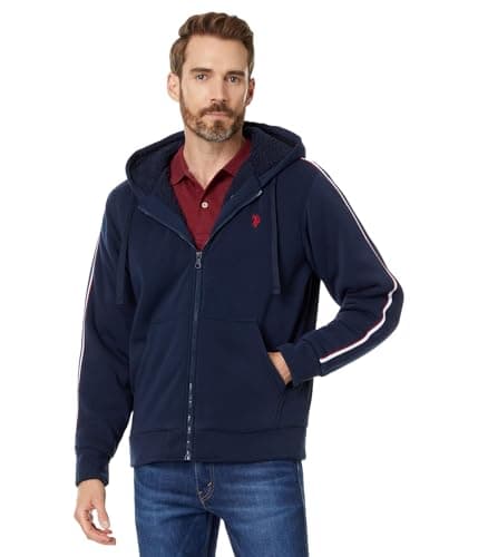 Image of U.S. POLO ASSN. Men's Standard USPA Full Zip Sleeve Stripe Hoodie, Classic Navy
