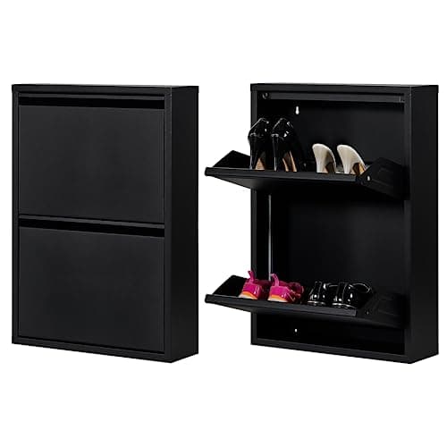 Image of Atahome Slim Shoe Cabinet Narrow Shoe Storage Cabinet for hallway wall mounted thin flip down Tall Metal Shoe Rack Storage Organiser Shoe cupboard Indoor Olympos 2-Drawer (Black)