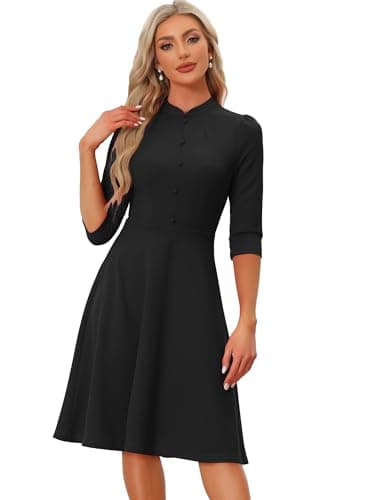 Image of Allegra K Sheath Dresses for Women's 3/4 Sleeves Stand Collar Elegant Business A-Line Dress Black S