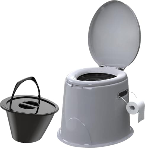 Image of Lightweight and Portable 5L Camping Toilet with Seat, Lid, Handles Washable Basket and Roll Holder Compact Potty Loo Waste for Indoor and Outdoor Loo Caravan Picnic Pool Party and Festivals Grey